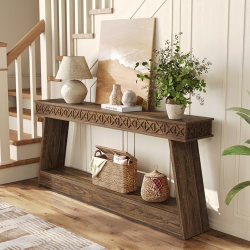 LITTLE TREE 70.87" Long Farmhouse Console Table, 2-Tier Shelf Narrow Accent Entryway Sofa Table for Living Room, Behind