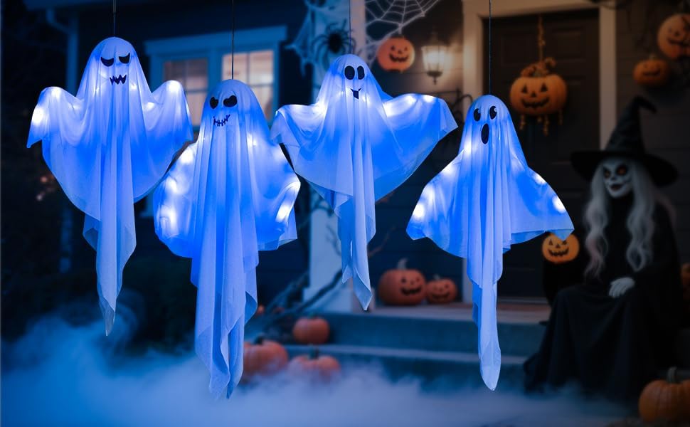 4 Pack Halloween Hanging Ghost Decorations, 27.5" Light Up Spooky Floating Ghosts with Blue LED, Outdoor & Indoor Haunted House, Porch, Yard, Party Decor, Patio Lawn Garden