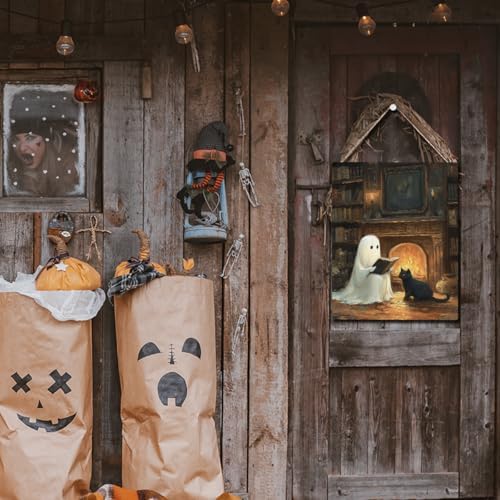 Halloween Decor, Cute Halloween Decorations Indoor, Spooky Halloweens Wall Art Wooden Hanging Sign Wood Plaque Decor, Ghost Black Cat Door Sign Farmhouse Home fireplace Living Room Decoration