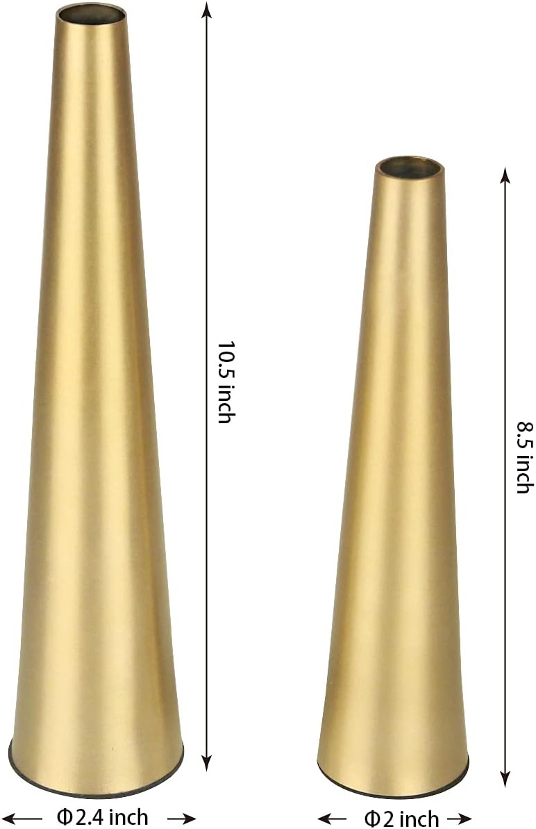 Vixdonos 10.5/8.5 inch Gold Metal Vase Small Dried Flower Vase Set of 2 Taper Vase for Wedding Table Centerpiece