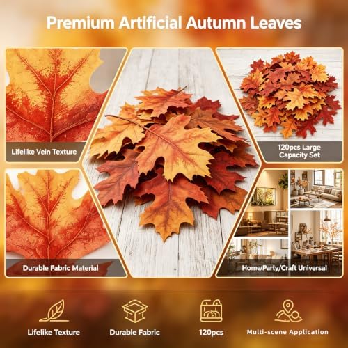 120 Pcs Artificial Fall Leaves Large 7.1× 4.6 in Fake Oak Foliage Autumn Thanksgiving Table Decorations DIY Craft Wedding Centerpiece