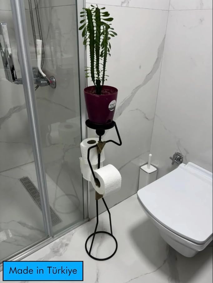 GRANDMIX Funny Standing Toilet Paper Holder with Metal Figurine | Freestanding Bathroom Organizer with Tray for Plant