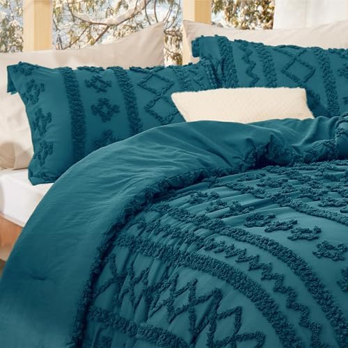 Bedsure Tufted Boho Comforter Set King Size - Teal Boho Bed Set, GentleSoft 3 Pieces Farmhouse-Style Embroidery