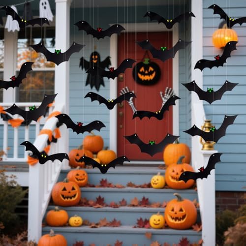 18Pcs Hanging Bats Halloween Decorations Outside Large Bat Outdoor Decor