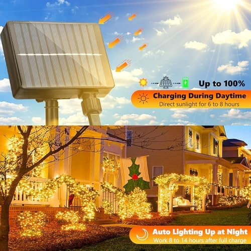 Joomer Solar Christmas Lights Outdoor, 105FT 300LED 8 Modes, Warm White