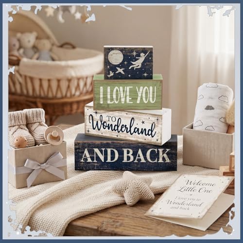 Lineshading 4 Pcs Wooden Farmhouse Block Signs Tiered Tray Decor, Newborn