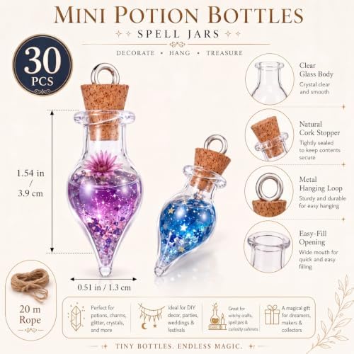 Patelai 30 Pcs Mini Glass Bottles with Cork Glass Tiny Potion Bottles with Lids Clear Mini Wishing Spell Jars with 20 Meters Hanging Rope for Necklace Making Halloween DIY Art Craft(Teardrop-Shaped)