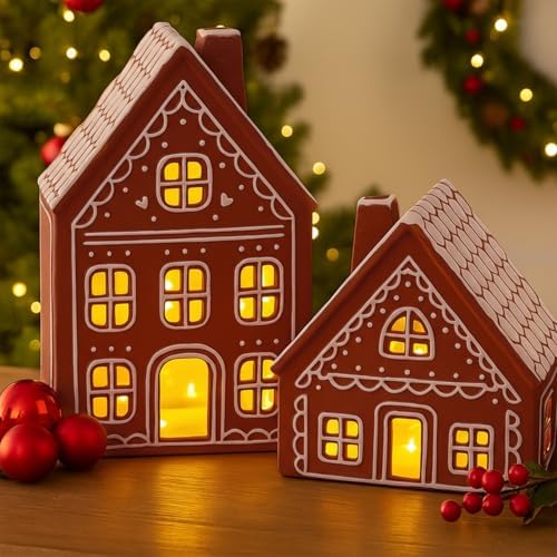 Funnymoom 2 Sets LED Ceramic Gingerbread Houses Christmas Tabletop Decor