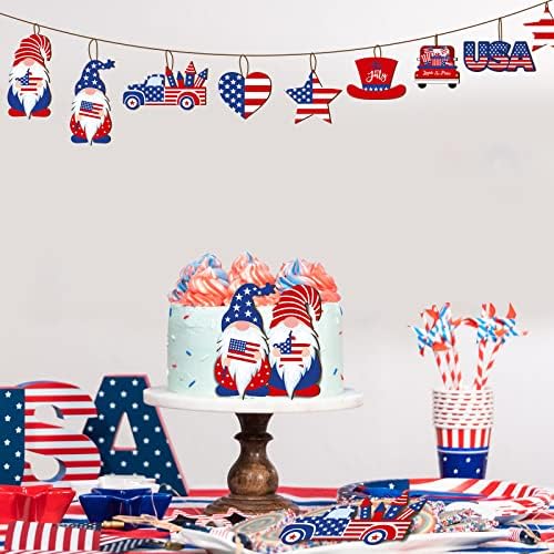 Qunclay 36 Pcs Patriotic Ornaments for Christmas Tree Wooden 250th Anniversary Tree Decorations Red White Blue Gnome Star Truck Hanging Ornament for 4th of July Veterans Day Home Party Decor