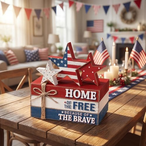 Geelin 4 Pcs 4th of July Wooden Book Stack Sign Decor, 250th Anniversary Patriotic Red White Blue USA Tabletop Decoration with Star Design, Rustic Farmhouse Tiered Tray Decor for Home Office Desk