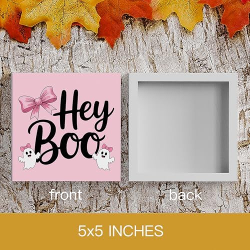 HTBIG Halloween Hey Boo Sign Cute Pink Ghost Desk Decor For Home Rustic Wooden Shelf Decor Season House Girl Room Indoor 5 x 5 Inch