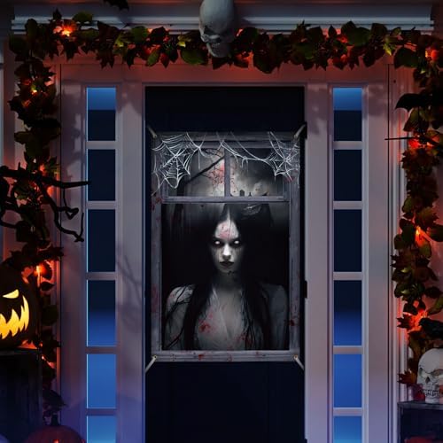 Newwiee 2 Pcs Scary Halloween Curtain Window Silhouette Cover Female Ghost