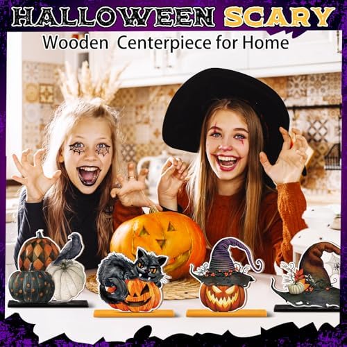 Marsui 12 Pcs Halloween Wooden Decor Pumpkin Ghost Cat Centerpieces