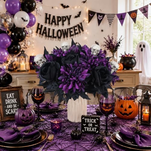 2 Pcs Halloween Flowers Artificial Purple Bouquet for Gothic Decor