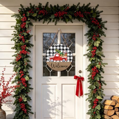 Christmas Welcome Front Door Sign for House Merry Christmas Holiday Decoration Hanging Sign Red Truck Xmas Round Wood Wreaths for Home Wall Porch Yard Garden Farmhouse Xtmas Day 12"x12"