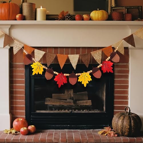 Thanksgiving Decorations Indoor, Fall Party Hanging Decor, Felt Pumpkins Leaves Garland and Wood Bead Banner for Home Mantel Fireplace Wall(Acorn+Maple Leaf)