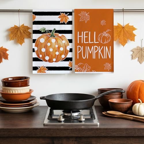Bonsai Tree Fall Kitchen Towels, Pumpkin Fall Decor, Stripe Hand Towels