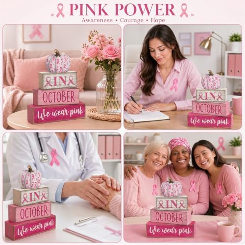 Lineshading 3 Pcs Breast Cancer Awareness Table Decor, Pink Ribbon Pumpkin