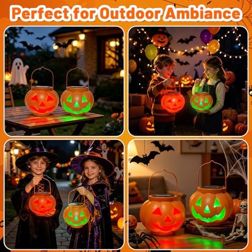 BRIGHTDECK Halloween Pumpkin Solar Lanterns 2 Pack, Jack O Lantern Pumpkin Lights for Halloween Decorations Outdoor, Weatherproof & Portable Fall Yard Decor (2Pack Red＆Green)