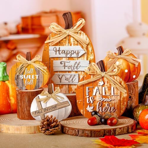 5 Pcs Fall Decor for Home Orange Pumpkin Table Centerpiece Wooden Sign