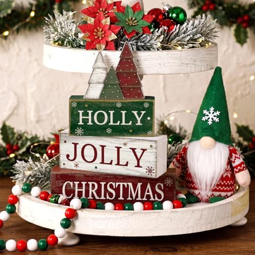 Moucuny 4 Pcs Christmas Centerpiece Wood Block Signs Holly Trees