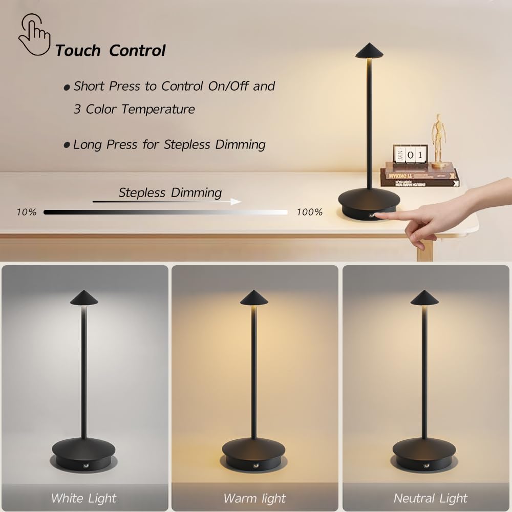 EJQ 2 Pack LED Rechargeable Cordless Table Lamps,Portable Outdoor 5000mAh Battery Operated Table Light Touch Control 3