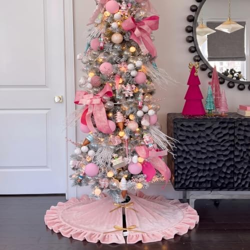 Velvet Christmas Tree Skirt, 36 Inches, Bow Style, Pink