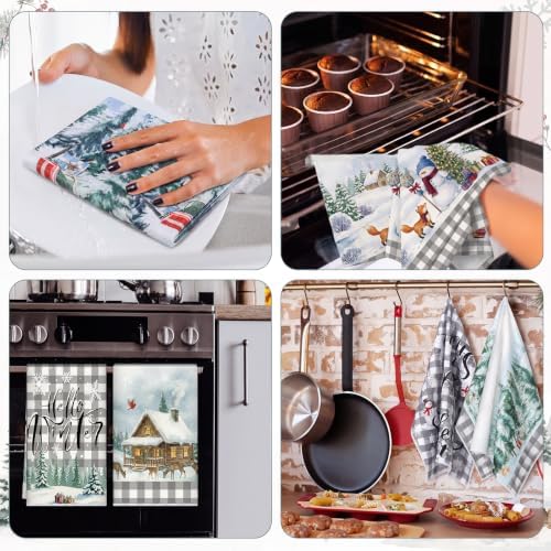 Bencailor 6 Pcs Christmas Kitchen Towel, Grey Plaid, Pine Forest