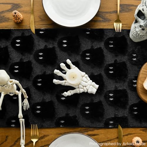Artoid Mode Black Soft Faux Fur Ghost Halloween Table Runner 13x72 Inch