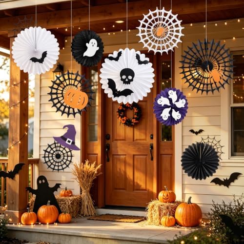SUNBEAUTY Halloween Decorations Hanging Spider Web Paper Fan Spiderweb Pumpkin Ghost Bat Wall Stickers Black White Orange Halloween Party Decor Indoor Outdoor Scary Home Haunted Party Supplies