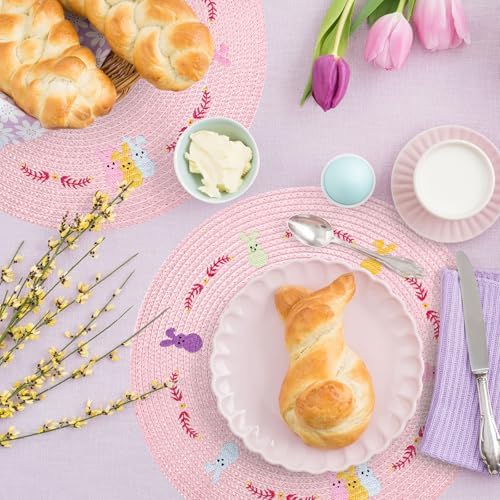 Whaline 4Pcs Easter Bunny Round Placemats Pink Rabbit Embroidered Place Mats Spring Cute Kitchen Table Mats for Home Wedding Baby Shower Birthday Dinner Party Decor
