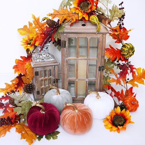 Winlyn Set of 4 Fall Velvet Artificial Pumpkins with Gold Stems Decorative Fabric Pumpkins in Burgundy Bronze Gray White Faux Foam Pumpkins 5" for Autumn Wedding Thanksgiving Halloween Mantel Décor