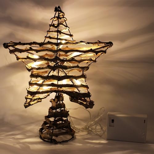 CVHOMEDECO. Rustic Rattan Christmas Tree Star Topper with LED Lights, Farmhouse Christmas Tree Toppers Decoration, 8 x 10 Inch