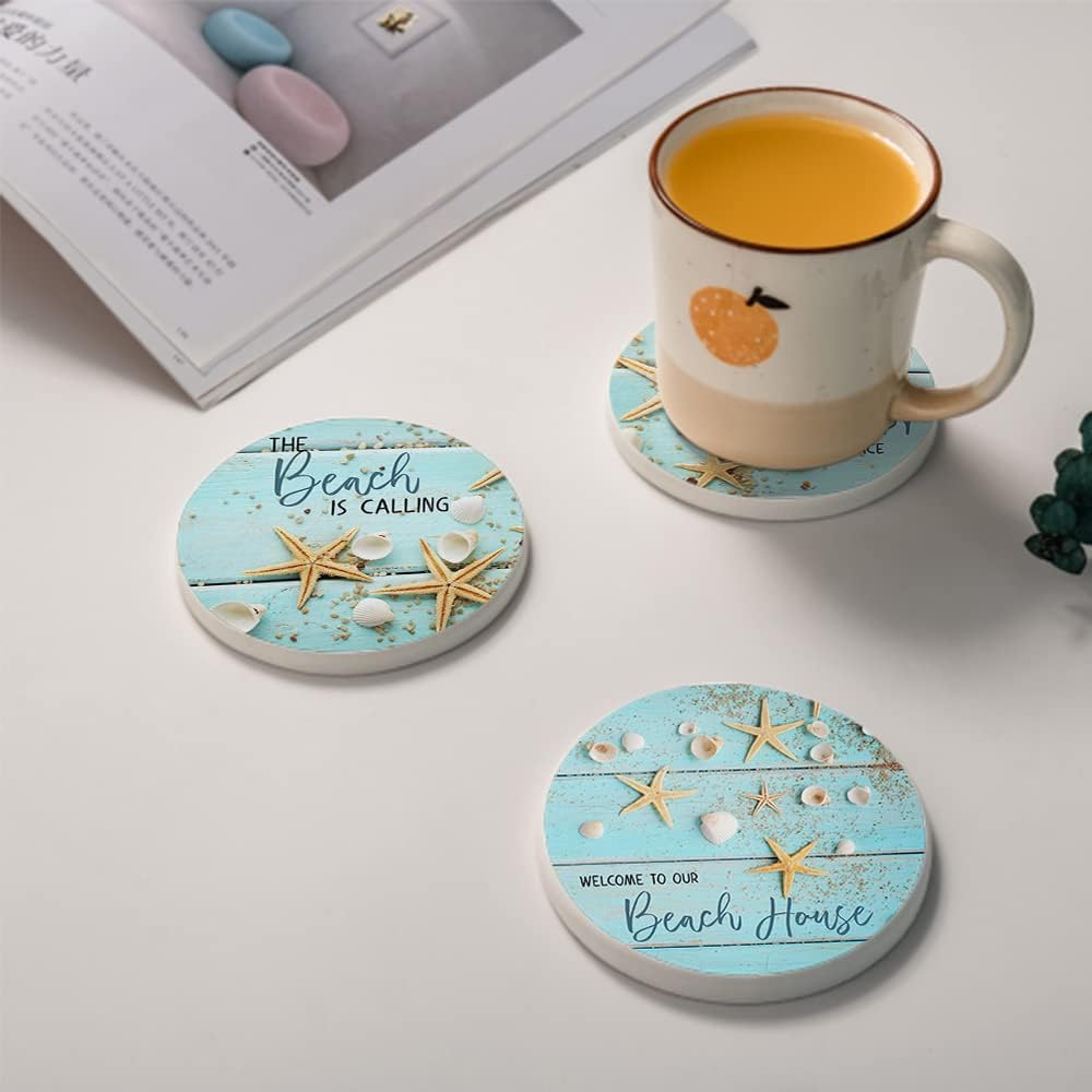 on Wooden Absorbent Ceramic Coaster / Round / Seashells Starfish / Blue / Set of 6