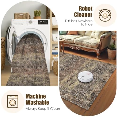 Washable Area Rug 9' x 12' Vintage Traditional Persian Mat - Foldable Distressed Non-Slip Machine Washable Carpet for