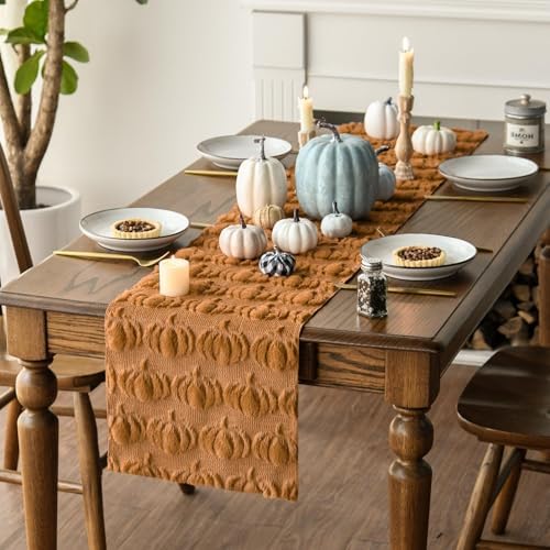 Artoid Mode Caramel Soft Faux Fur Pumpkins Fall Table Runner 13x120 Inch