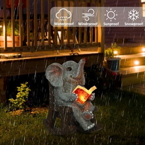 FOXMIS Garden Statues Elephant Outdoor Decor Lights, Lucky Miniature Elephant Statue Solar Garden Decor for