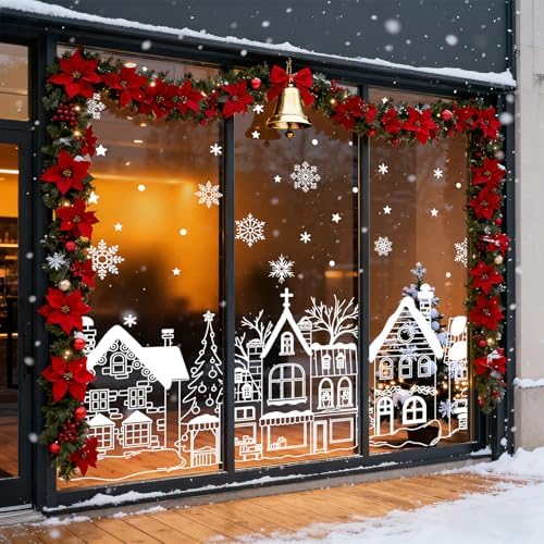 JarThenaAMCS 13.8 * 35.4'' Extra Large Christmas Window Clings 4 Sheets White House Snowflake Xmas Tree Window Stickers Double-Sided Glass Decals for Winter Xmas Home Classroom Office Party Decoration