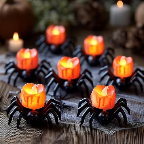 Dazzle Bright 12 Pack Halloween Spider Tea Lights Candles, Battery Operated LED Flameless Spider Candles Holder Lights, Spooky Halloween Decorations for Party Table Home Decor