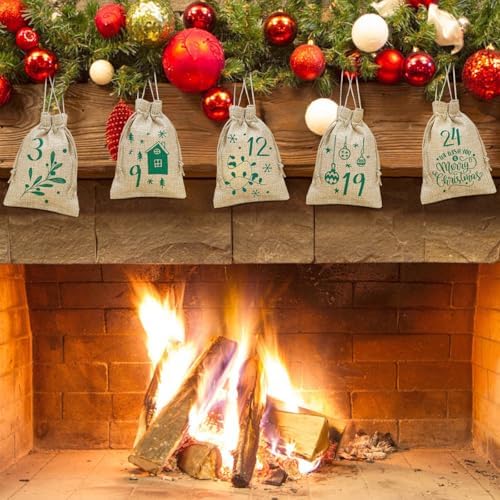 24PCS Christmas Advent Calendar Bags, 3.9x5.9 Inches Christmas Countdown Burlap Bags, Reusable Drawstring Gift Bags for Candy, Snacks, DIY Crafts, Holiday Party Favors
