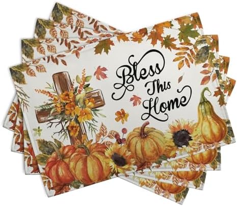 Fall Cross Pumpkin Placemats Set of 4 Autumn Thanksgiving Harvest Sunflower Maple Leaf Orange Linen Table Mats Seasonal Farmhouse Decorative Place Mat for Party Kitchen Dining Decor