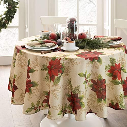 Festive Poinsettia Holiday Fabric Tablecloth, Multicolor - 60" W x 84" L Oval