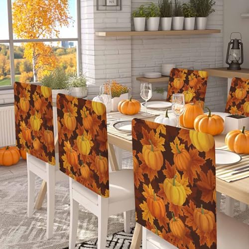 Fall Chair Covers Set of 8 Orange Harvest Pumpkin Chair Slipcover Protector Removable Stretch Chair Covers Autumn Maple Leaf Thanksgiving Chair Back Covers for Dining Chairs Kitchen Holiday Party