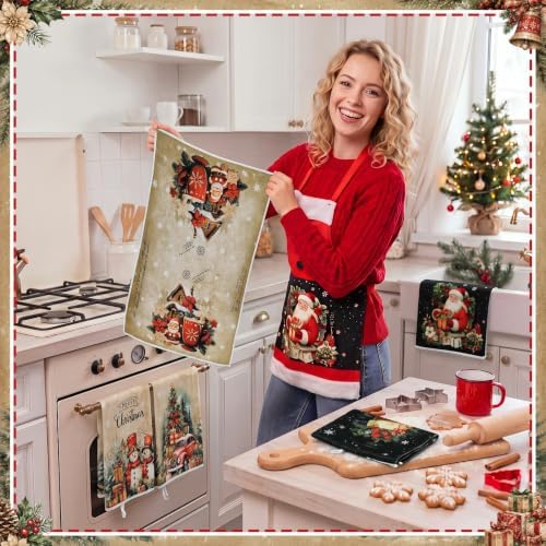 Bencailor 6 Pcs Christmas Kitchen Towel, Red, Black, Brown, Retro Santa