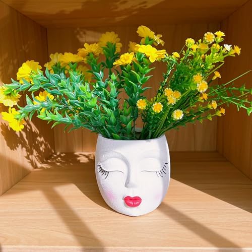 Face Planter Pot,Small Cute Resin Flower Head Planter with Red Lip,White,1P
