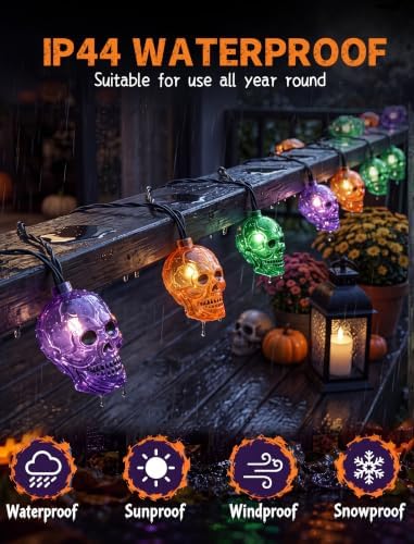 8.5Ft Outdoor Halloween Skull String Lights, 10 Plug in Ghost Head Lights