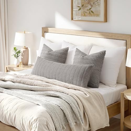 MIULEE Lumbar Corduroy Throw Pillow Cover for Bed 14x36 Light Grey Set of 1