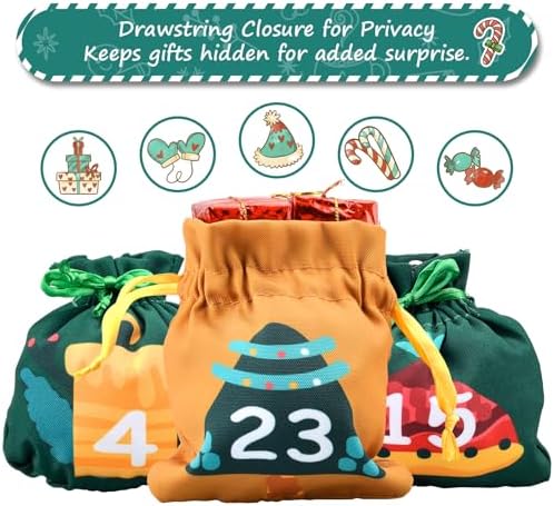 cshare Christmas Advent Calendars with Pockets, Christmas Tree Hanging Advent Calendar Reusable, Empty to Fill Farbic 24 Days Countdown Christmas Decorations