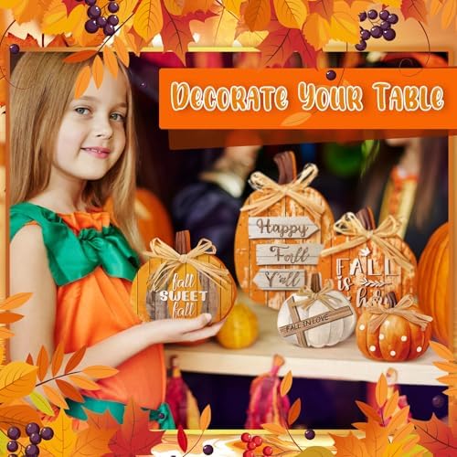 5 Pcs Fall Decor for Home Orange Pumpkin Table Centerpiece Wooden Sign