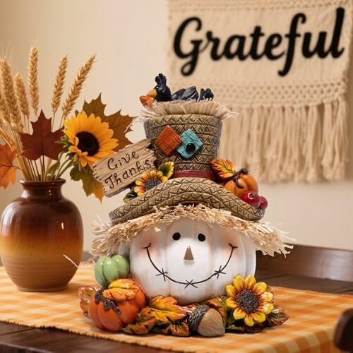 Hodao Thanksgiving Pumpkin Decorations, Resin Fall Autumn Figurine with Straw Hat, Birds, Acorns & Sunflowers, Give Thanks Sign, Festive Gift for Home Tabletop Mantel Thanksgiving Decorations (White)